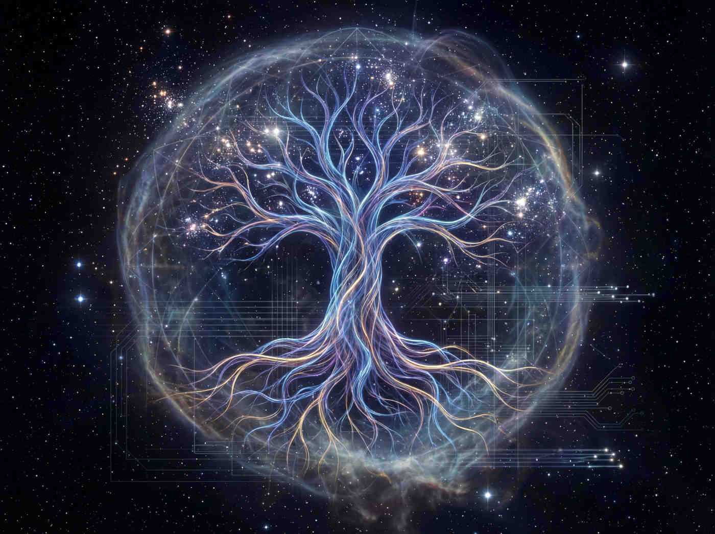 A majestic Tree of Life with glowing roots extending into the earth and branches reaching towards the stars. The tree is surrounded by a halo of light, symbolizing the Akasha and the Collective Consciousness.