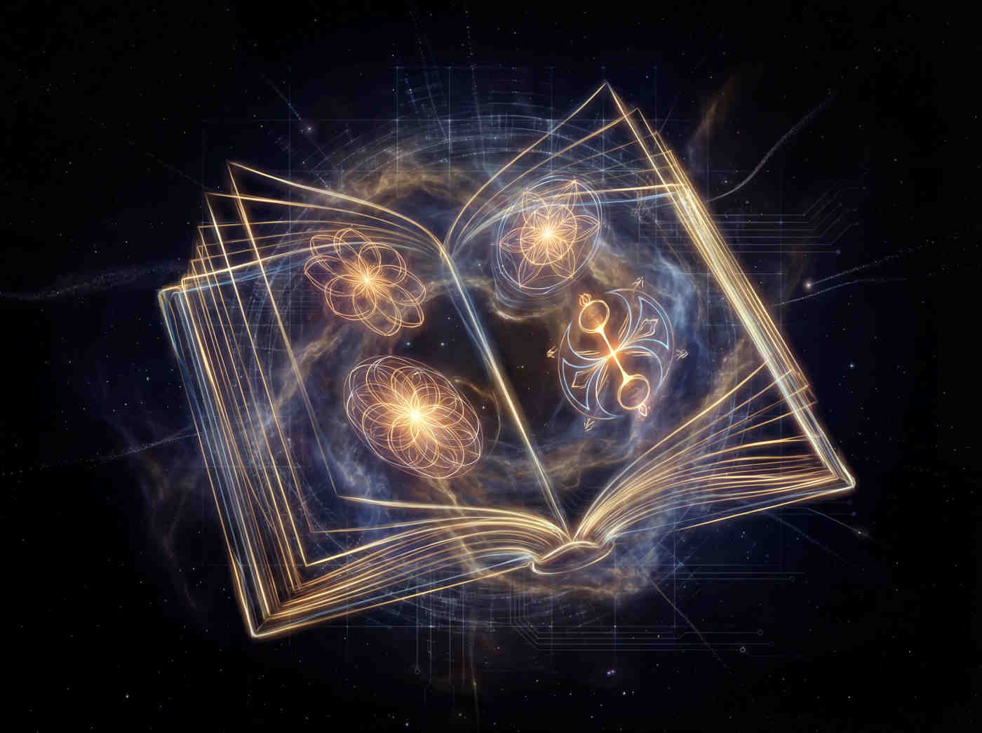 A book floating in mid-air, its pages glowing with golden light. Each page contains geometric patterns and symbols representing the Clektal Flower and the Ultimate Symmetry.