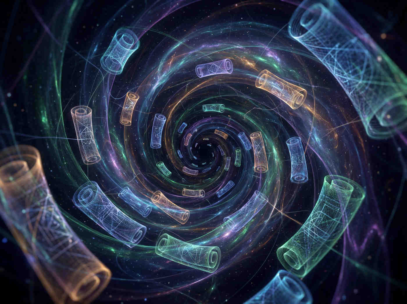 
A library of glowing scrolls suspended in a vortex of light. Each scroll emits a unique color, representing different aspects of Deep Reasoning and Vector Synthesis.