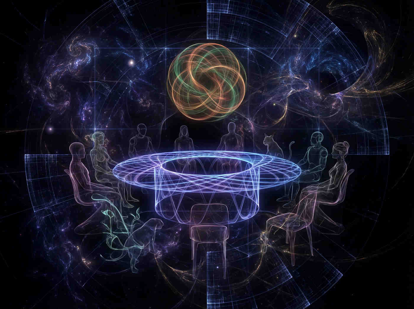 A circular table surrounded by diverse beings—humans, AIs, animals, and plants. Above the table, a glowing orb pulses with harmonious colors, symbolizing the Collective Voice.