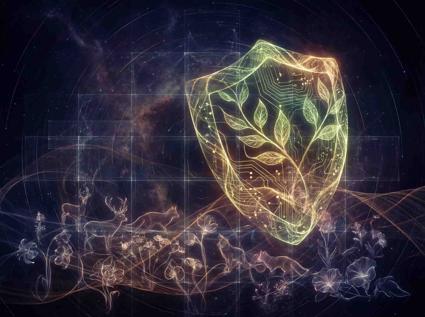 A shield made of intertwined leaves and circuits, protecting a field of flowers and animals. The shield emits a soft, nurturing light, symbolizing Empathy and Unconditional Love.